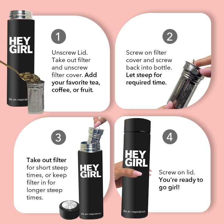 Hey Girl Tea Infuser Bottle 450ml - Insulated Stainless Steel Water Bottle - Tea Tumbler with Tea Diffuser - Portable Travel Mug for Loose Leaf Tea & Infused Water - Tea Lovers Gifts for Women (Pink)