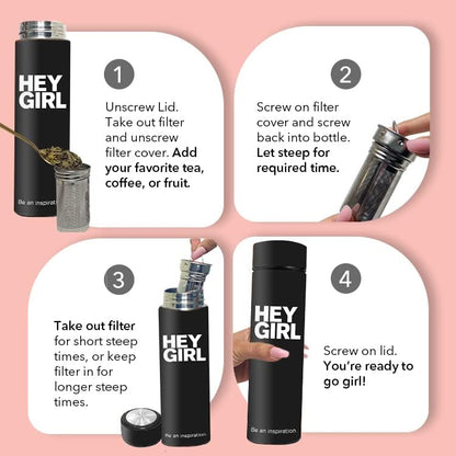 Hey Girl Tea Infuser Bottle 450ml - Insulated Stainless Steel Water Bottle - Tea Tumbler with Tea Diffuser - Portable Travel Mug for Loose Leaf Tea & Infused Water - Tea Lovers Gifts for Women (Pink)