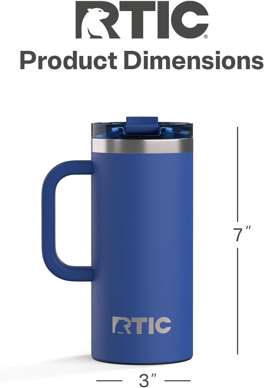 RTIC 20oz Road Trip Travel Mug with Lid and Handle, Ceramic Lined, Insulated, Stainless Steel, Metal, Double Wall Vacuum-Insulation, Portable Coffee, Tea Cup for Hot and Cold Drink, Black