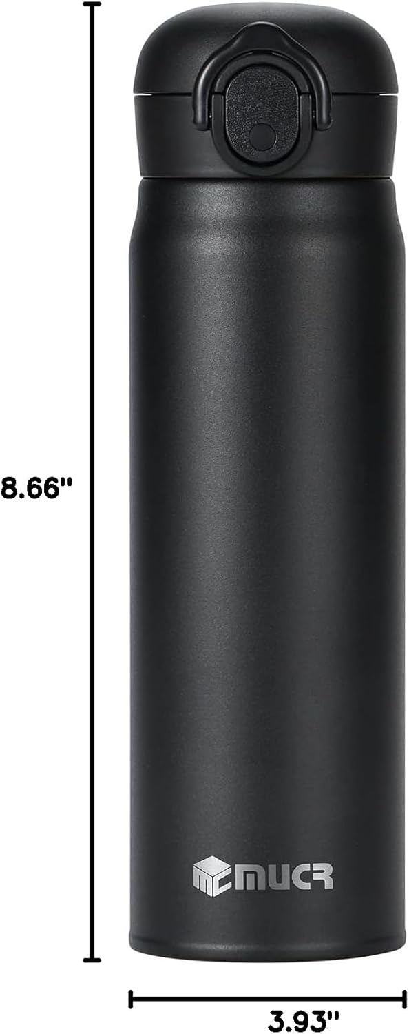 17 oz / 500 ml Insulated Water Bottle, Stainless Steel Thermo Coffee Travel Mug, Thermal Cup with Snap Flip Lid, BPA Free for Hot and Cold Drinking, Black