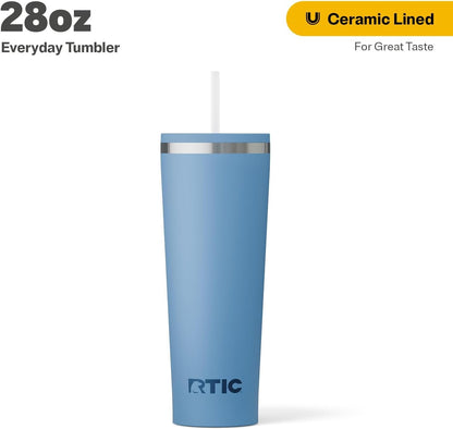 RTIC 20oz Everyday Tumbler Insulated Stainless Steel Portable Travel Coffee Cup with Straw, Ceramic Lining, Spill-Resistant Lid, BPA-Free, Hot and Cold Drink, Beach
