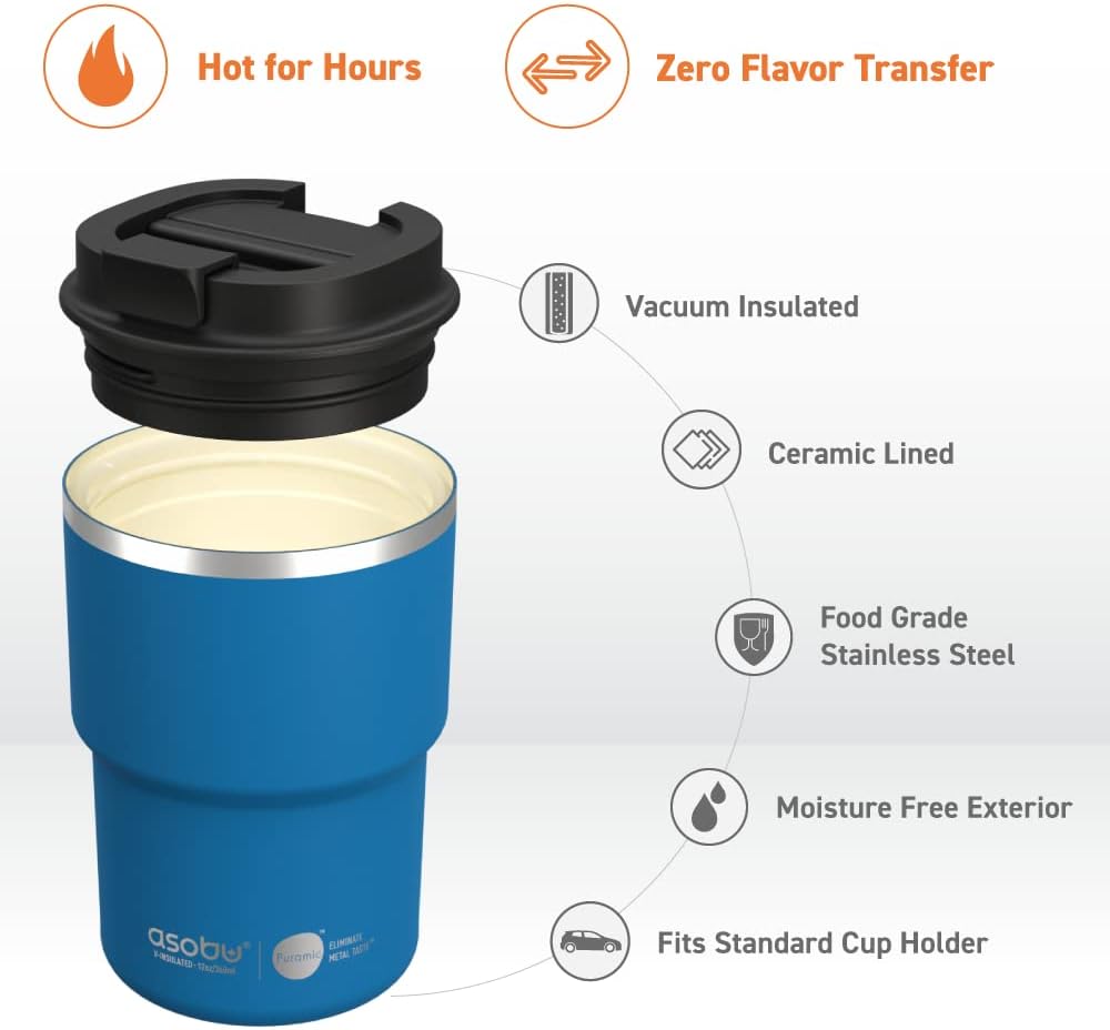 asobu Ultimate Ceramic Travel Mug, 12oz Insulated Stainless Steel Coffee Cup with Handle & Splash-Resistant Lid, Ceramic Lined for Pure Taste, BPA-Free, Double-Wall Vacuum for Hot Drinks