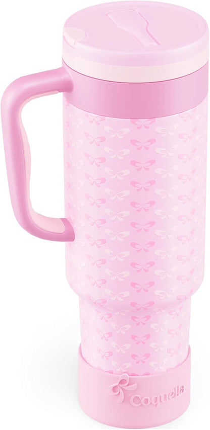 40 oz Insulated Tumbler with Handle and Push-Button Straw Lid, Stainless Steel Travel Cup for Gym Office, Leakproof, BPA-Free, Cup Holder Friendly, Bow Silicone Boot, Purple (Light Lilac)