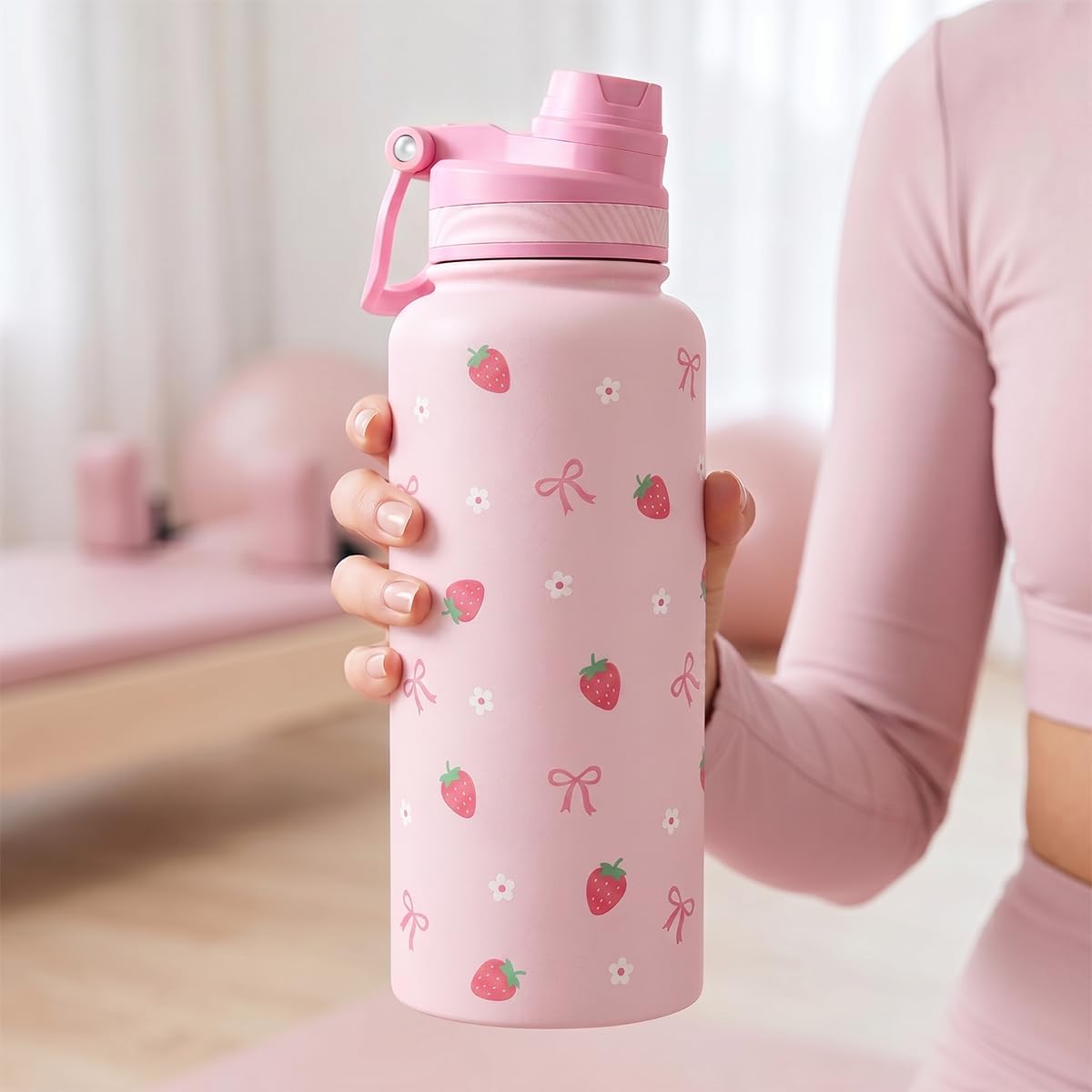 SANDJEST Pickleball Stainless Steel Water Bottle with Strap 32oz, Insulated Bottles with Straw and Spout Lid for Gym Sports Travel Outdoor, Gifts for Women Girls Birthday Christmas
