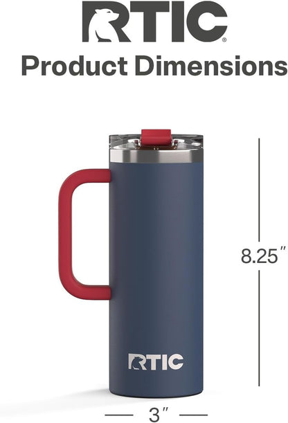 RTIC 20oz Road Trip Travel Mug with Lid and Handle, Ceramic Lined, Insulated, Stainless Steel, Metal, Double Wall Vacuum-Insulation, Portable Coffee, Tea Cup for Hot and Cold Drink, Black