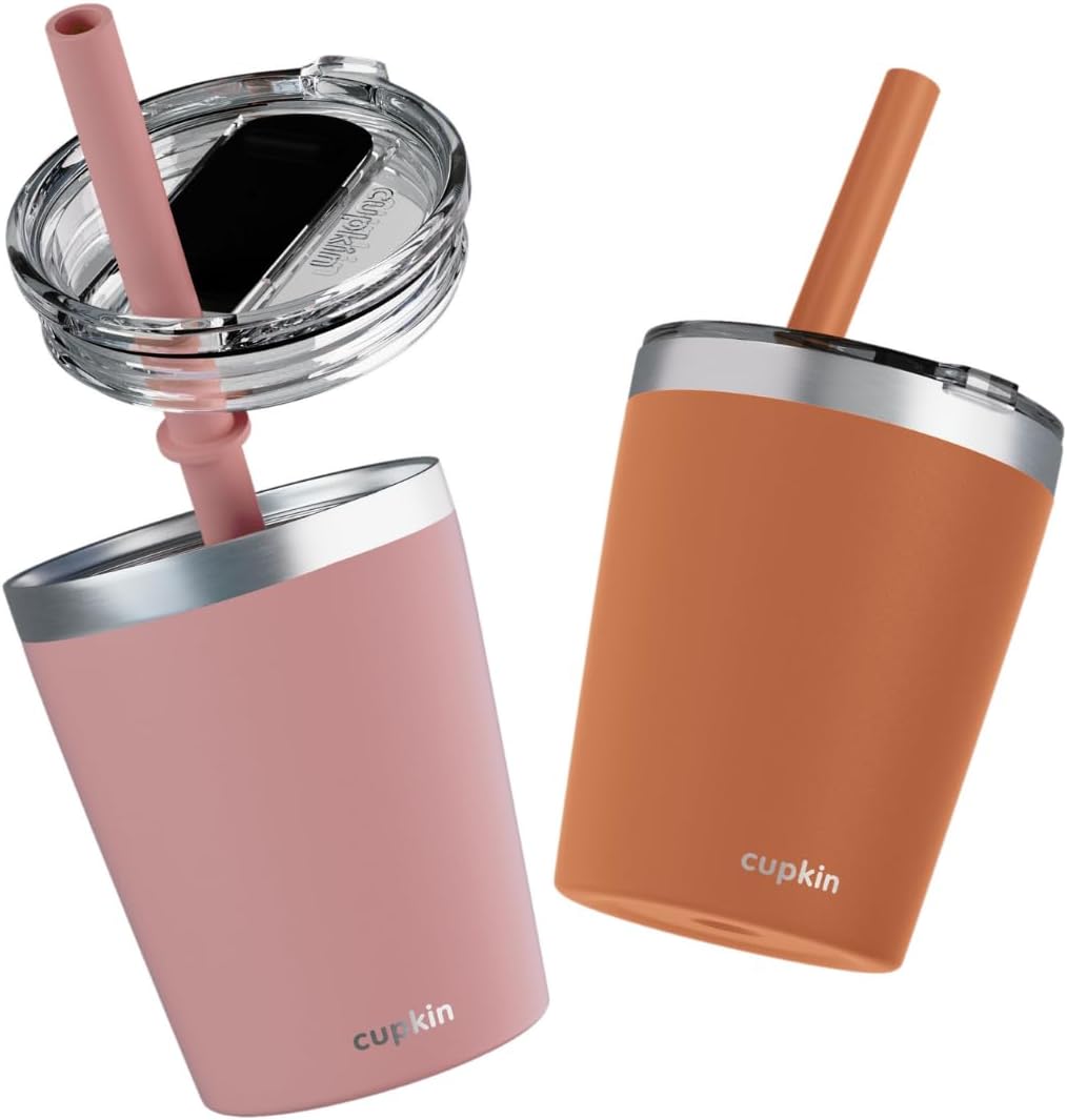 CUPKIN Stainless Steel Insulated Tumbler with Lid and Straw, 20 oz Stainless Steel Cups, Set of 2 Travel Coffee Mug for Adults, Iced Coffee Cup with Lid, Tumbler for Travel (Coral + Yellow)