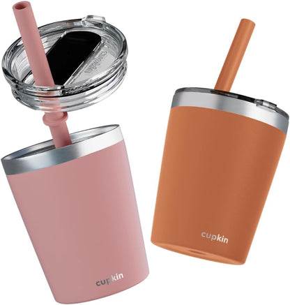 CUPKIN Stainless Steel Insulated Tumbler with Lid and Straw, 20 oz Stainless Steel Cups, Set of 2 Travel Coffee Mug for Adults, Iced Coffee Cup with Lid, Tumbler for Travel (Coral + Yellow)