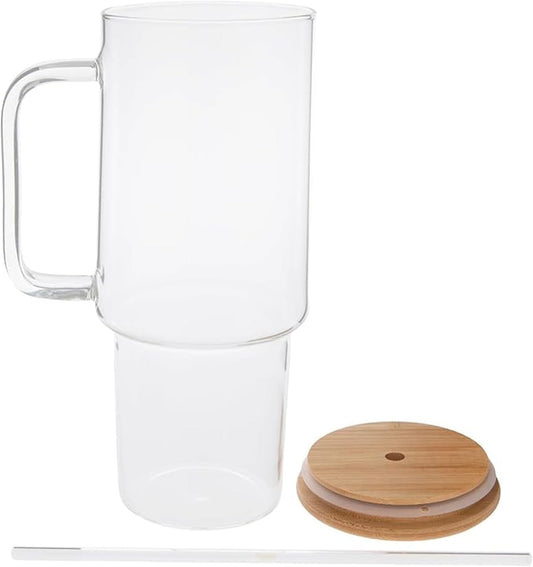 Hobby Lobby Jumbo Clear Glass Tumbler With Straw And Lid 40 Oz - With Handle, Bamboo Lid - for All-Day Hydration - Ideal Iced Coffee Tumbler Glass for Home, Office or Travel