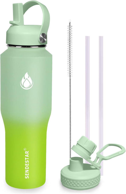 SENDESTAR 40oz Water Bottle Wide Mouth Stainless Steel Vacuum Insulated Double Wall with Straw Lids Fit in Any Car Cup Holder