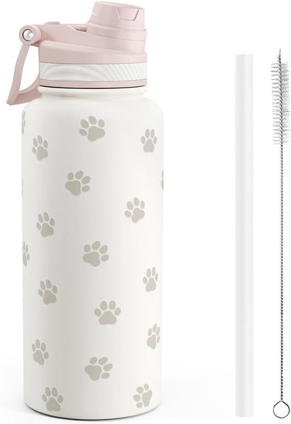 SANDJEST Pickleball Stainless Steel Water Bottle with Strap 32oz, Insulated Bottles with Straw and Spout Lid for Gym Sports Travel Outdoor, Gifts for Women Girls Birthday Christmas