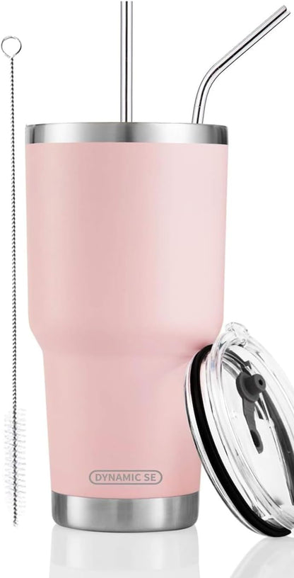 D·S 30oz Blue Tumbler Stainless Steel Double Wall Vacuum Insulated Mug with Straw and Lid, Cleaning Brush for Cold and Hot Beverages