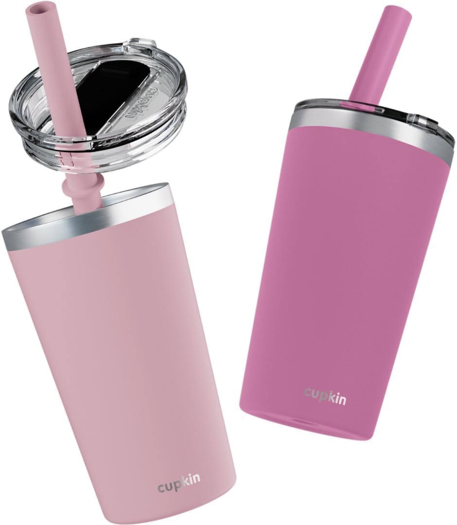 CUPKIN Stainless Steel Insulated Tumbler with Lid and Straw, 20 oz Stainless Steel Cups, Set of 2 Travel Coffee Mug for Adults, Iced Coffee Cup with Lid, Tumbler for Travel (Coral + Yellow)
