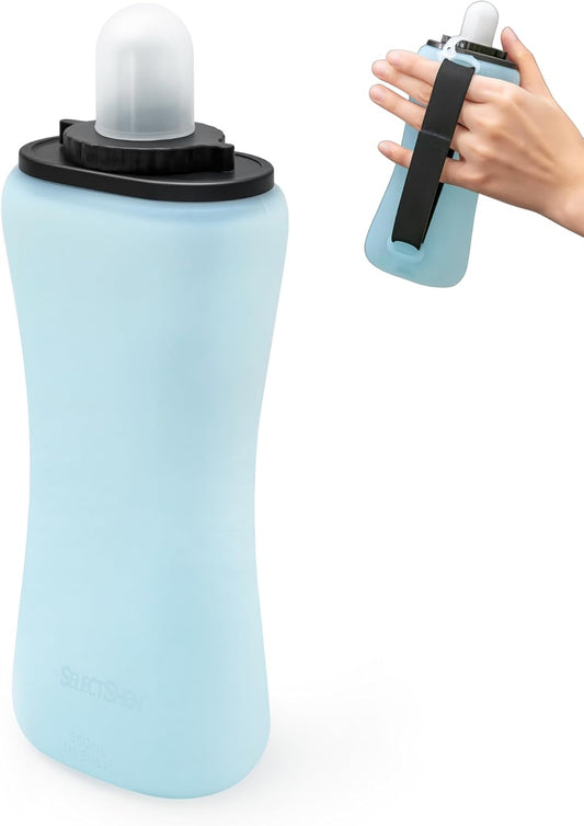 Handheld Running Water Bottle, Collapsible Water Bottle 350mL,Silicone Foldable, Odor Free,BPA-Free, Leak-Proof, Dishwasher-Safe, Hot & Cold Drinks, Running, Camping,Travel (Blue)