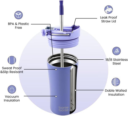 BOTTLE BOTTLE Coffee Tumbler with Dual-use Lid and Straw Double Walled Iced Travel Coffee Mug for Woman and Man 12 oz Stainless Steel Insulated Tumbler with Handle (blue)