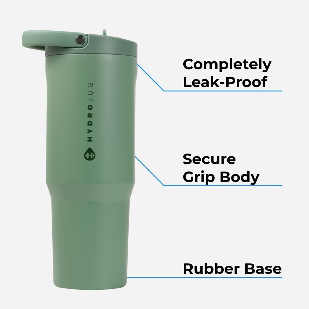 HydroJug Sport - Stainless Steel Tumbler with Straw, Vacuum Insulated, 40oz Leakproof Water Bottle, Ergonomic Design, Reusable, Dishwasher Safe, Rubber Base, Durable for Gym or Outdoors, Sage