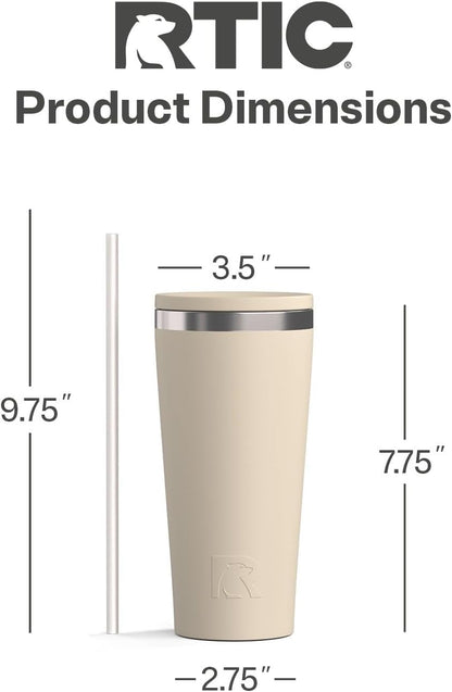 RTIC 20oz Everyday Tumbler Insulated Stainless Steel Portable Travel Coffee Cup with Straw, Ceramic Lining, Spill-Resistant Lid, BPA-Free, Hot and Cold Drink, Beach