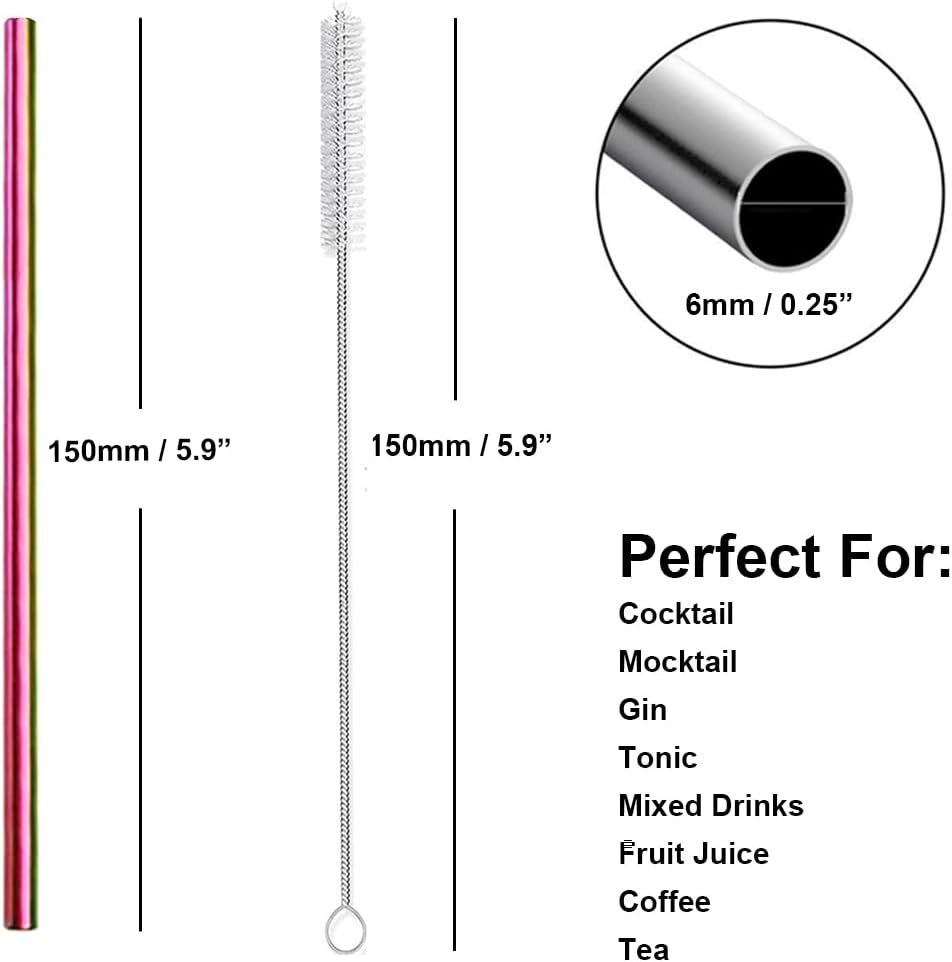 Stainless Steel Straws Metal Reusable Drinking Straw for Juice Iced Coffee Cold Beverage Water Highball Glasses 20oz Tumblers Mugs Cups, 0.24" 6mm Wide 215mm Long, Set of 8 with Brush, Silver