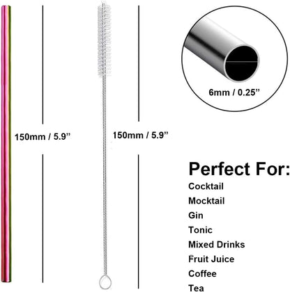 Stainless Steel Straws Metal Reusable Drinking Straw for Juice Iced Coffee Cold Beverage Water Highball Glasses 20oz Tumblers Mugs Cups, 0.24" 6mm Wide 215mm Long, Set of 8 with Brush, Silver