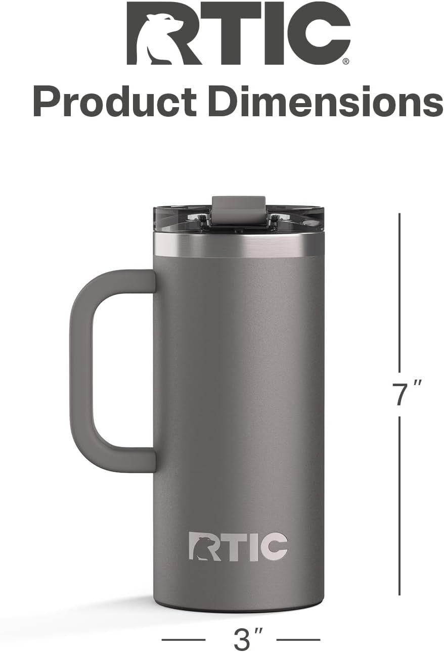RTIC 20oz Road Trip Travel Mug with Lid and Handle, Ceramic Lined, Insulated, Stainless Steel, Metal, Double Wall Vacuum-Insulation, Portable Coffee, Tea Cup for Hot and Cold Drink, Black