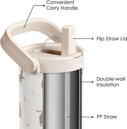 SANDJEST Leopard Skin Stainless Steel Straw Lid Tumbler 30oz with Carry Handle for Women Girls, Insulated Travel Coffee Cup, Gift for Sports Outdoor Workout Christmas Birthday (Beige)