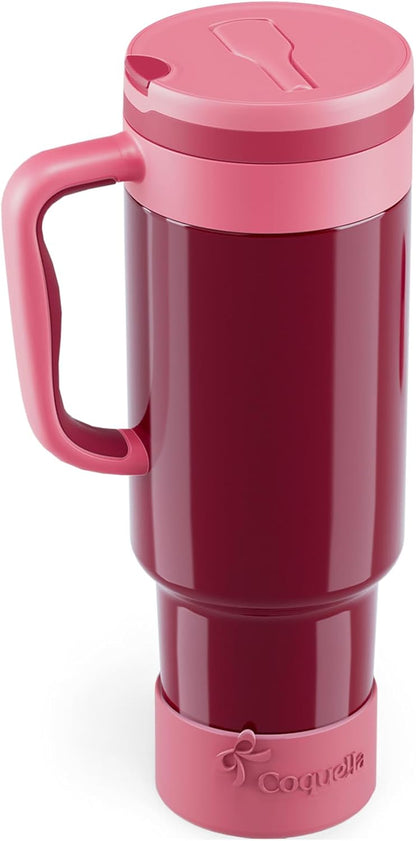 40 oz Insulated Tumbler with Handle and Push-Button Straw Lid, Stainless Steel Travel Cup for Gym Office, Leakproof, BPA-Free, Cup Holder Friendly, Bow Silicone Boot, Purple (Light Lilac)