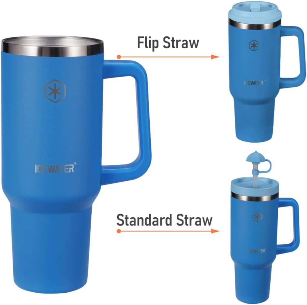 ICEWATER 40 oz Tumbler with 2 Lids (Flip & Standard Straw),100% Leak Proof Insulated Tumbler with Handle, Cup Holder Friendly, Stainless Steel Water Bottle, Gifts for Women & Men (Violet)