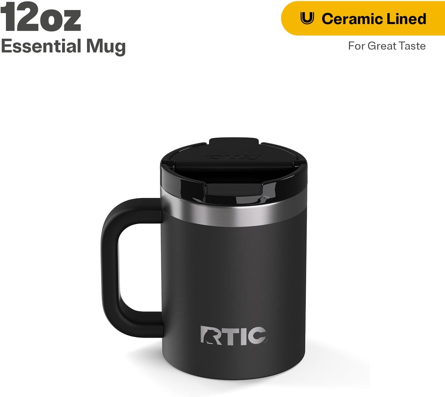 RTIC 12oz Essential Mug with Lid and Handle, Ceramic Lined, Insulated, Stainless Steel, Metal, Double Wall Vacuum-Insulation, Portable, Travel Cup for Hot and Cold Drink, Beach