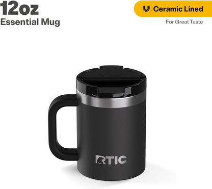 RTIC 12oz Essential Mug with Lid and Handle, Ceramic Lined, Insulated, Stainless Steel, Metal, Double Wall Vacuum-Insulation, Portable, Travel Cup for Hot and Cold Drink, Beach