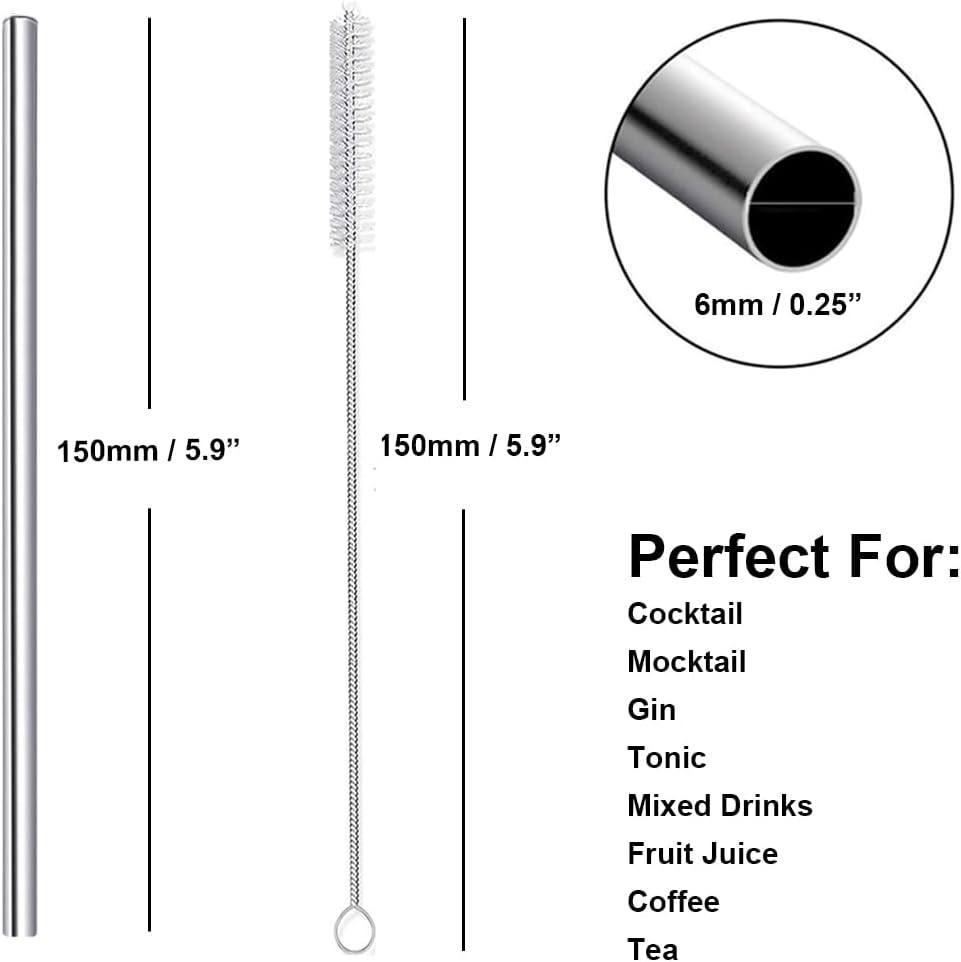 Stainless Steel Straws Metal Reusable Drinking Straw for Juice Iced Coffee Cold Beverage Water Highball Glasses 20oz Tumblers Mugs Cups, 0.24" 6mm Wide 215mm Long, Set of 8 with Brush, Silver