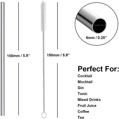 Stainless Steel Straws Metal Reusable Drinking Straw for Juice Iced Coffee Cold Beverage Water Highball Glasses 20oz Tumblers Mugs Cups, 0.24" 6mm Wide 215mm Long, Set of 8 with Brush, Silver
