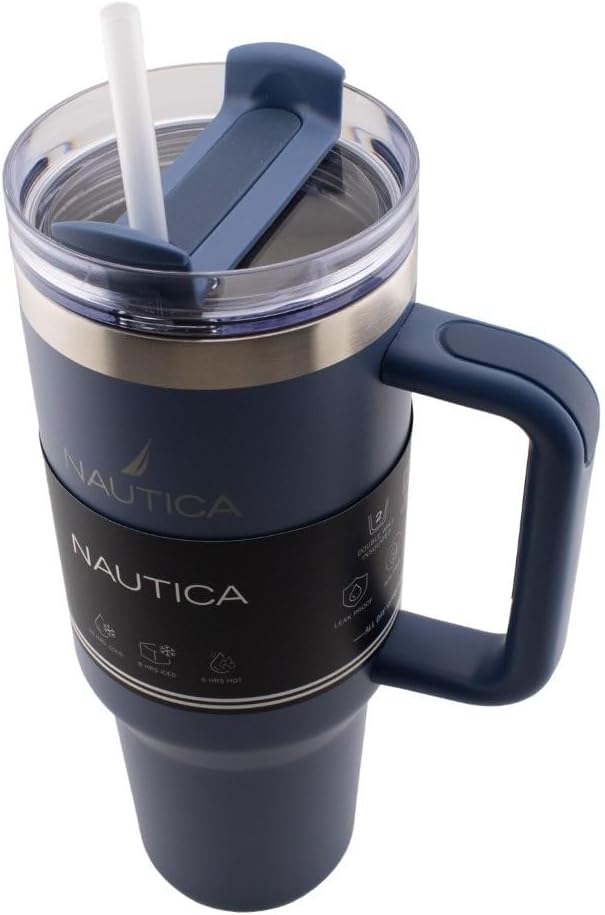 Nautica 40oz Insulated Tumbler with Handle and Straw, Stainless Steel Double Wall Vacuum Travel Mug, Leak-Resistant 3-Way Lid, Keeps Cold for 24 Hours, Fits Car Cup Holders (NAVY)