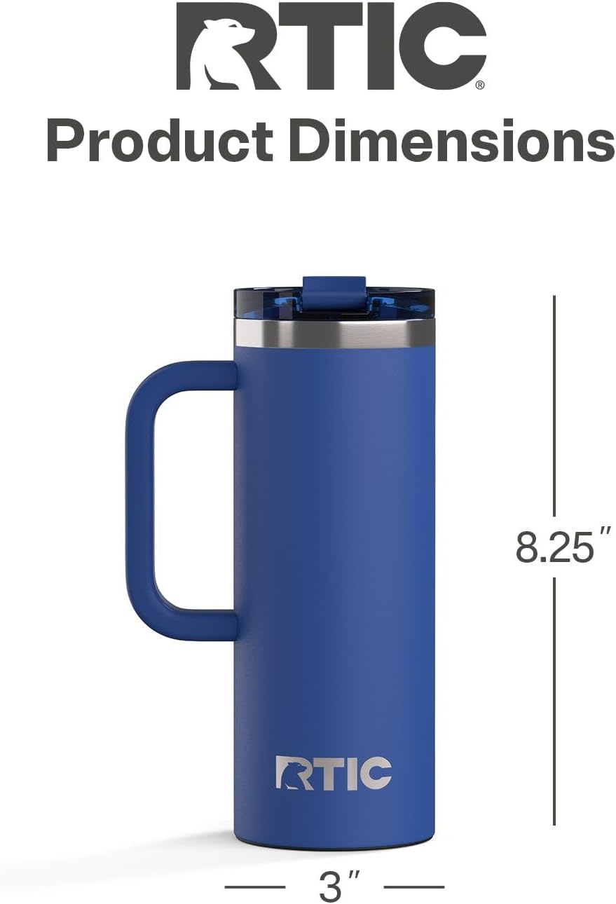 RTIC 20oz Road Trip Travel Mug with Lid and Handle, Ceramic Lined, Insulated, Stainless Steel, Metal, Double Wall Vacuum-Insulation, Portable Coffee, Tea Cup for Hot and Cold Drink, Black