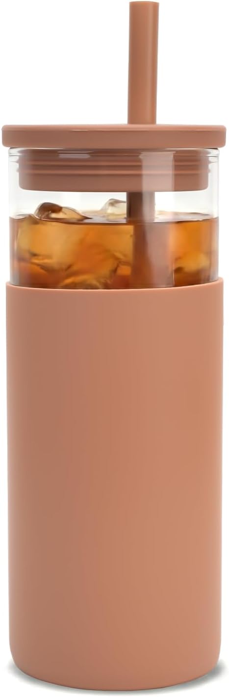 Tronco 20 oz Glass Tumbler with Lids and Straws, Reusable Iced Coffee Cups with Silicone Lid & Protective Sleeve, Dishwasher Safe, BPA-Free Borosilicate Glass for Coffee, Iced Tea, Water & Smoothies
