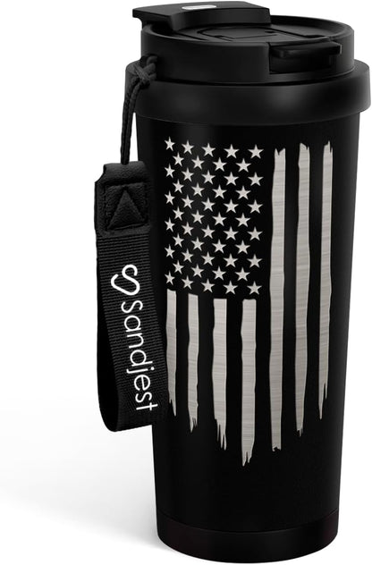 SANDJEST American Flag Tumbler - Stainless Steel 2-in-1 Lid Coffee Tumbler 18 oz, Patriotic Insulated Travel Mug Gift for Men Husband Dad, Birthday Christmas