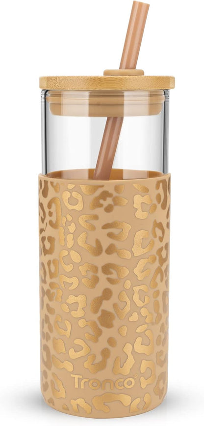 Tronco 20 oz Glass Tumbler with Lid and Straw, Iced Coffee Cup and Smoothie Cup with Bamboo Lids & Protective Silicone Sleeve, Dishwasher Safe, BPA-Free, Glass Cup 1 Pack - Colors B