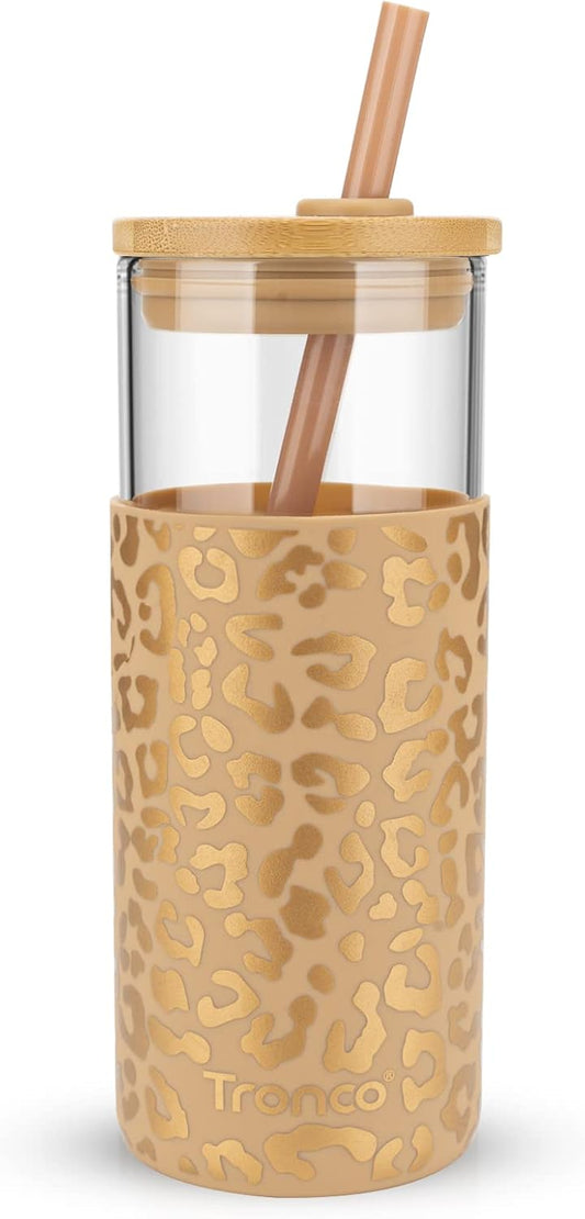 Tronco 20 oz Glass Tumbler with Lid and Straw, Iced Coffee Cup and Smoothie Cup with Bamboo Lids & Protective Silicone Sleeve, Dishwasher Safe, BPA-Free, Glass Cup 1 Pack - Colors B