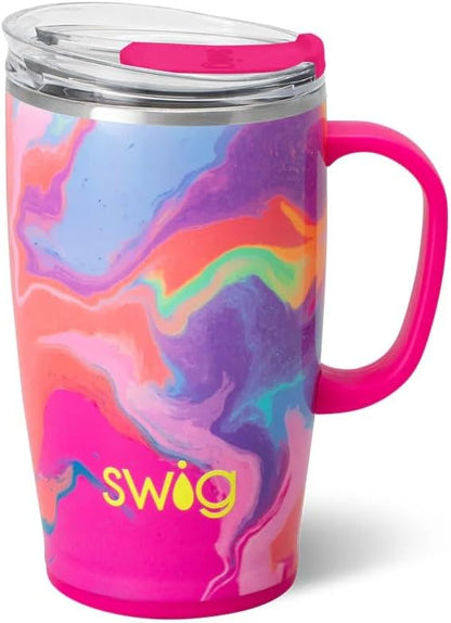 Swig Life 18oz Travel Mug, Insulated Tumbler with Handle and Lid, Cup Holder Friendly, Dishwasher Safe, Stainless Steel, Travel Coffee Cup (Honey Meadow)