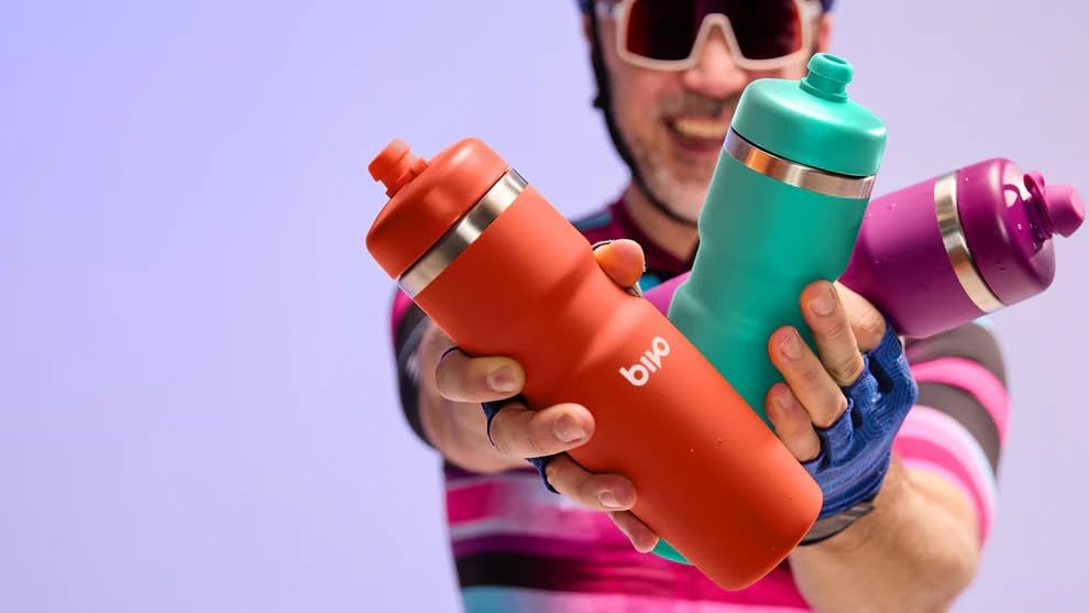 Bivo Trio 21oz Insulated Stainless Steel Bike Water Bottle - for Cycling - Fits Most Cages, Dishwasher Safe - Keeps Drinks Cold 12+ Hours - True Blue
