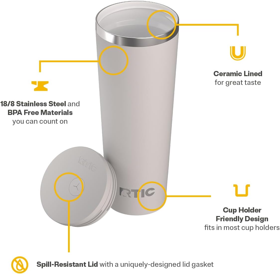 RTIC 20oz Everyday Tumbler Insulated Stainless Steel Portable Travel Coffee Cup with Straw, Ceramic Lining, Spill-Resistant Lid, BPA-Free, Hot and Cold Drink, Beach