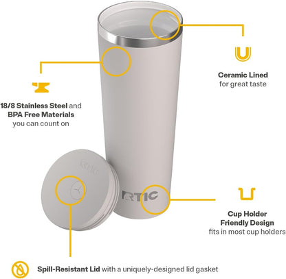 RTIC 20oz Everyday Tumbler Insulated Stainless Steel Portable Travel Coffee Cup with Straw, Ceramic Lining, Spill-Resistant Lid, BPA-Free, Hot and Cold Drink, Beach
