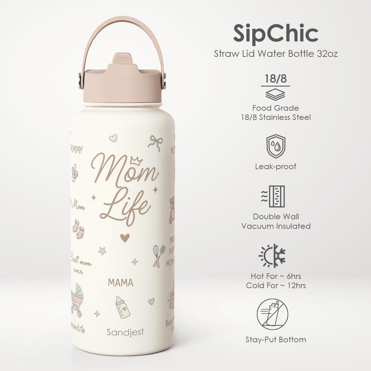 SANDJEST Pickleball Gift for Women, Water Bottle Stainless Steel 32oz with Lid & Straw, Sport Insulated Bottles Gifts for Girls Friends Teens Birthday Christmas