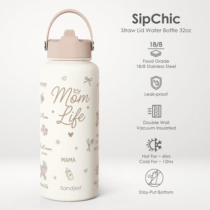 SANDJEST Pickleball Gift for Women, Water Bottle Stainless Steel 32oz with Lid & Straw, Sport Insulated Bottles Gifts for Girls Friends Teens Birthday Christmas