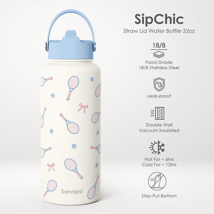 SANDJEST Pickleball Gift for Women, Water Bottle Stainless Steel 32oz with Lid & Straw, Sport Insulated Bottles Gifts for Girls Friends Teens Birthday Christmas