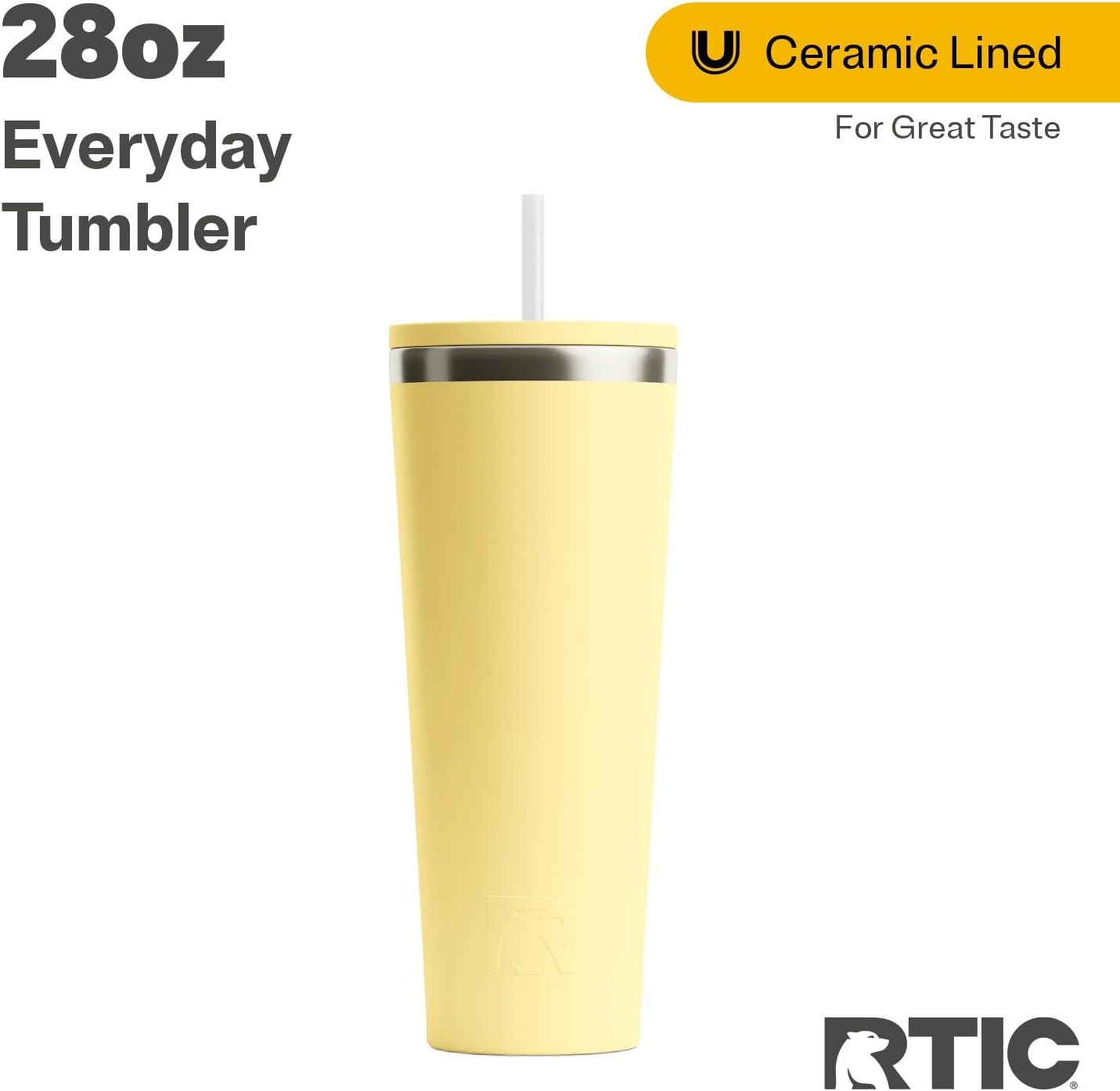 RTIC 20oz Everyday Tumbler Insulated Stainless Steel Portable Travel Coffee Cup with Straw, Ceramic Lining, Spill-Resistant Lid, BPA-Free, Hot and Cold Drink, Beach