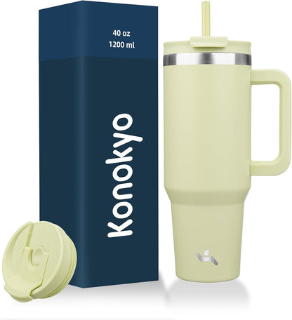 Konokyo 30 oz Tumbler with Handle and 2 Straws,2 in 1 Lid Insulated Water Bottle Stainless Steel Travel Coffee Mug,Sky