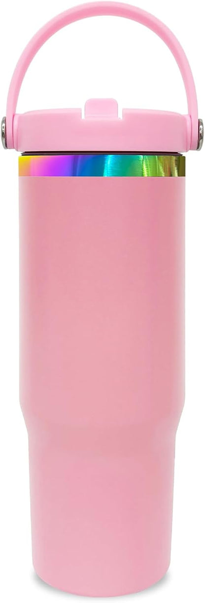 30 oz Tumbler Bulk with Handle and Straw, Vacuum Insulated Tumblers with Flip Straw and Top Handle, Leakproof Powder Coated Tumbler, Stainless Steel Travel Mug for Coffee (Black, 1 Pack)