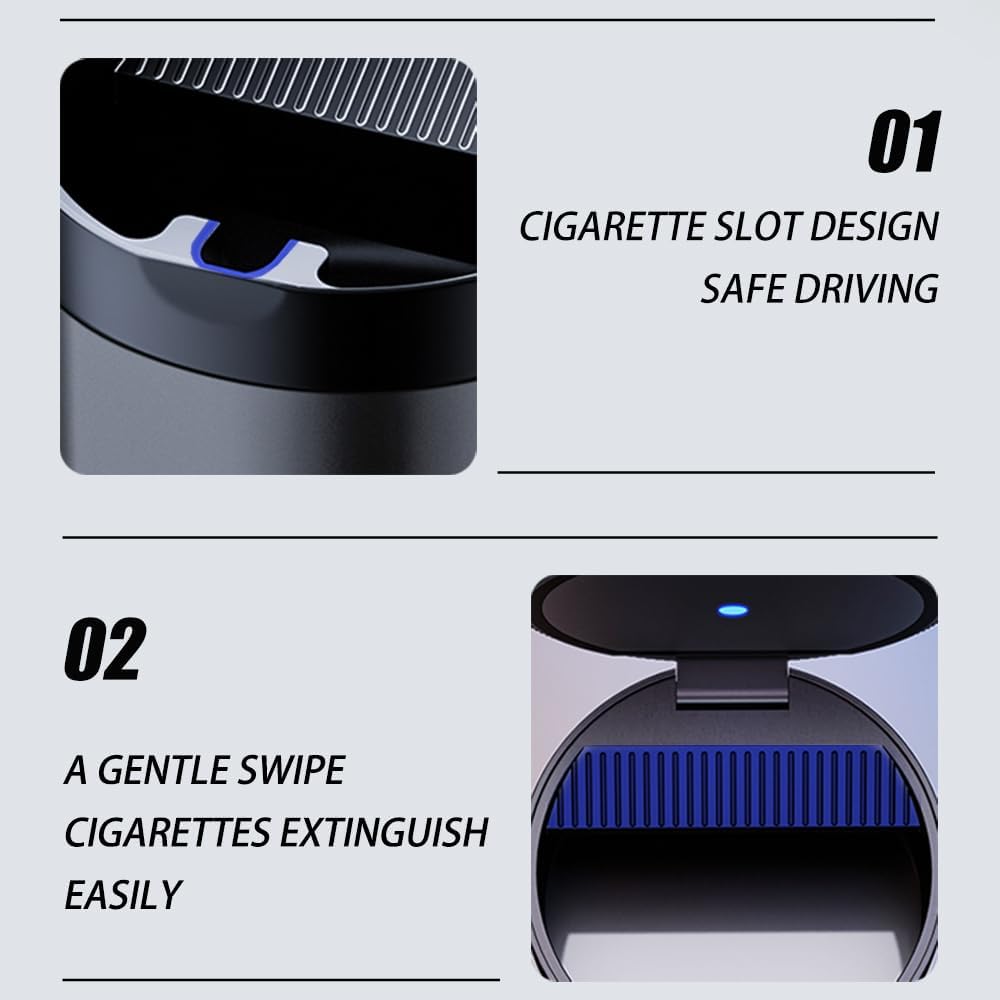 Ashtray with Lid,Smokeless Ashtray for Cup Holder Smell Proof,Detachable Stainless Steel Car Ash Tray with LED Auto Light, for Most Car, Office, Home (Grey)