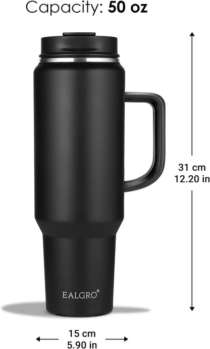 EALGRO 50 oz Tumbler with Handle, Insulated Tumblers with Lid and Straw, Large Metal Sports Water Bottle Jug, Thermal Stainless Steel Travel Coffee Mug Cup, Black
