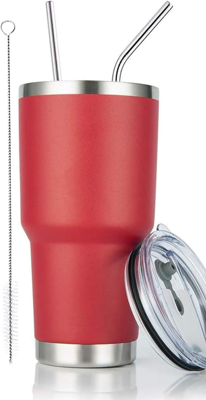 D·S 30oz Blue Tumbler Stainless Steel Double Wall Vacuum Insulated Mug with Straw and Lid, Cleaning Brush for Cold and Hot Beverages