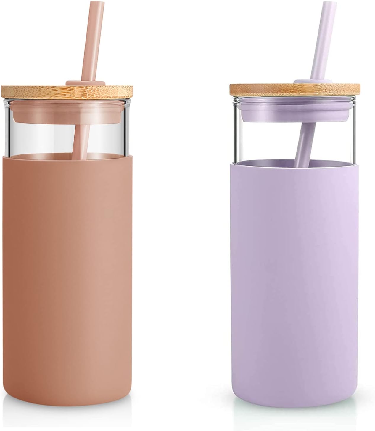 Tronco 20 oz Glass Tumbler with Lid and Straw, Iced Coffee Cup and Smoothie Cup with Bamboo Lids & Protective Silicone Sleeve, Dishwasher Safe, BPA-Free, Glass Cup 1 Pack - Colors B